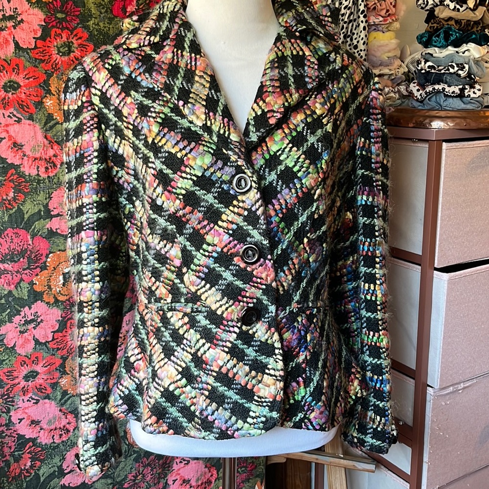 Vintage Simon Chang Colorful Plaid Woven Blazer Size 4  Bold & Fun Piece!